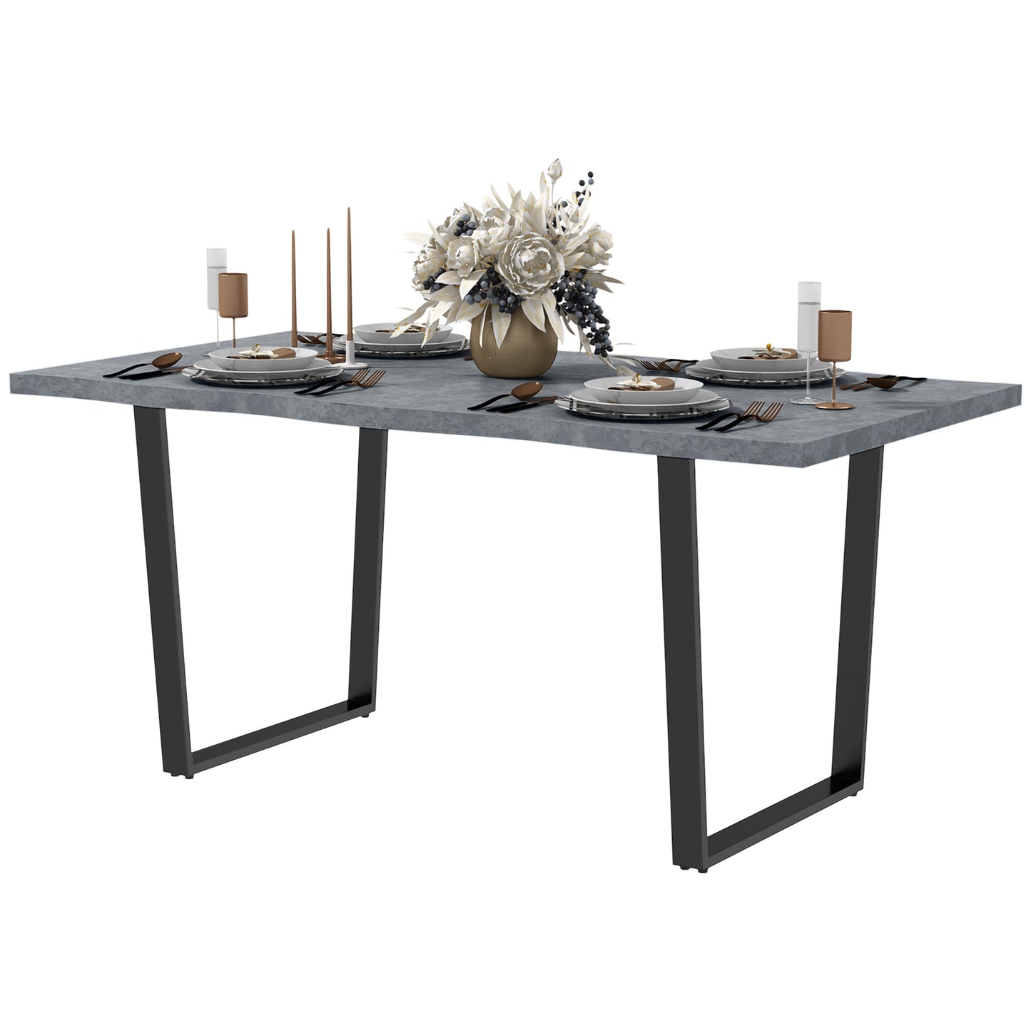 Table à manger industrielle avec plateau à bords ondulés et pieds en acier, pour 6 personnes maximum, gris ciment