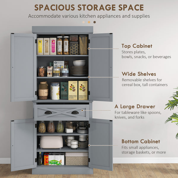 Meuble de rangement avec 4 portes, tiroir et étagères réglables, gris