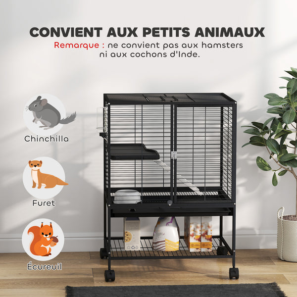 Cage roulante pour petits animaux avec plateau amovible et étagère de rangement, noire