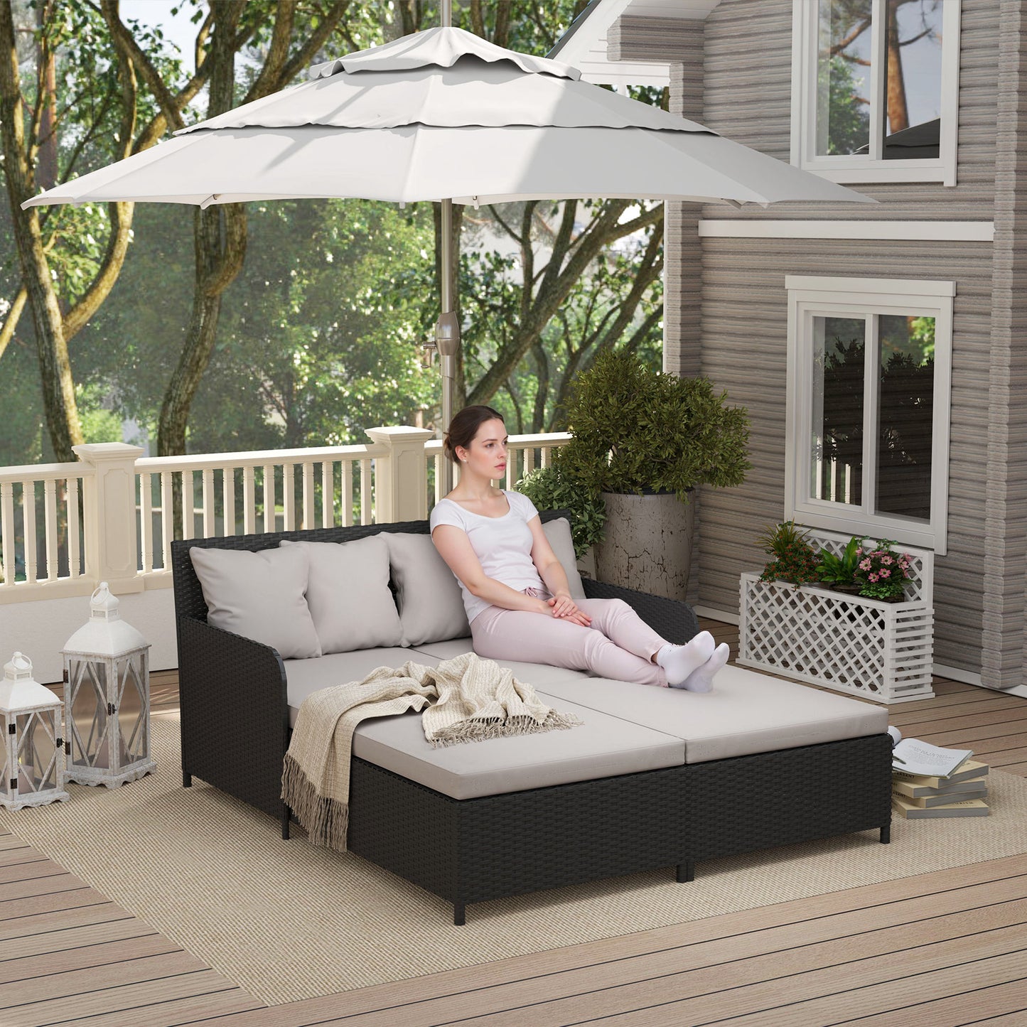 Outsunny Outdoor Rattan Sun Lounger Loveseat with Soft Cushions, 4 Pillows, Curved Backrest and Armrests, Light Grey