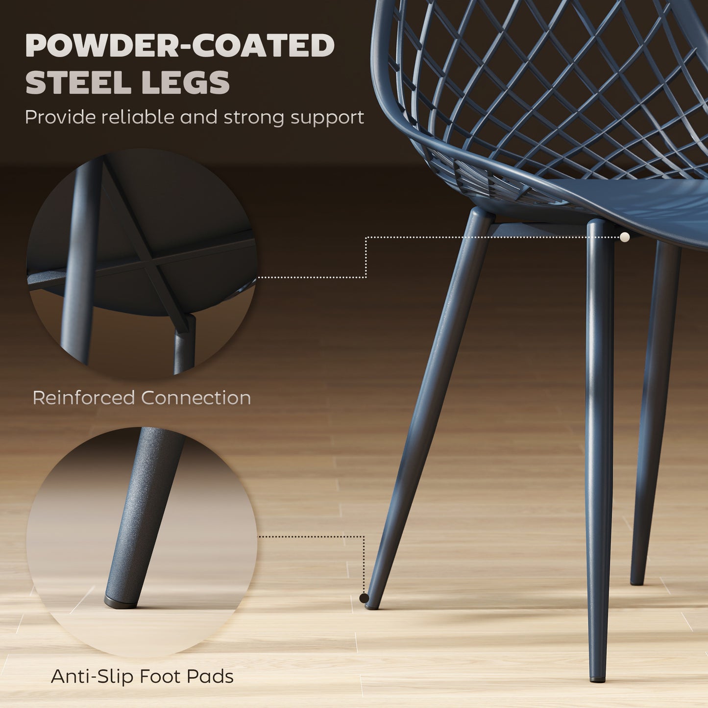 Lot de 4 chaises de salle à manger modernes en plastique avec dossier creux et pieds en métal, bleu