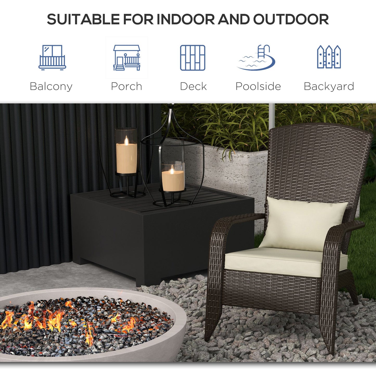 Chaise Adirondack en rotin avec coussins pour patio, kaki