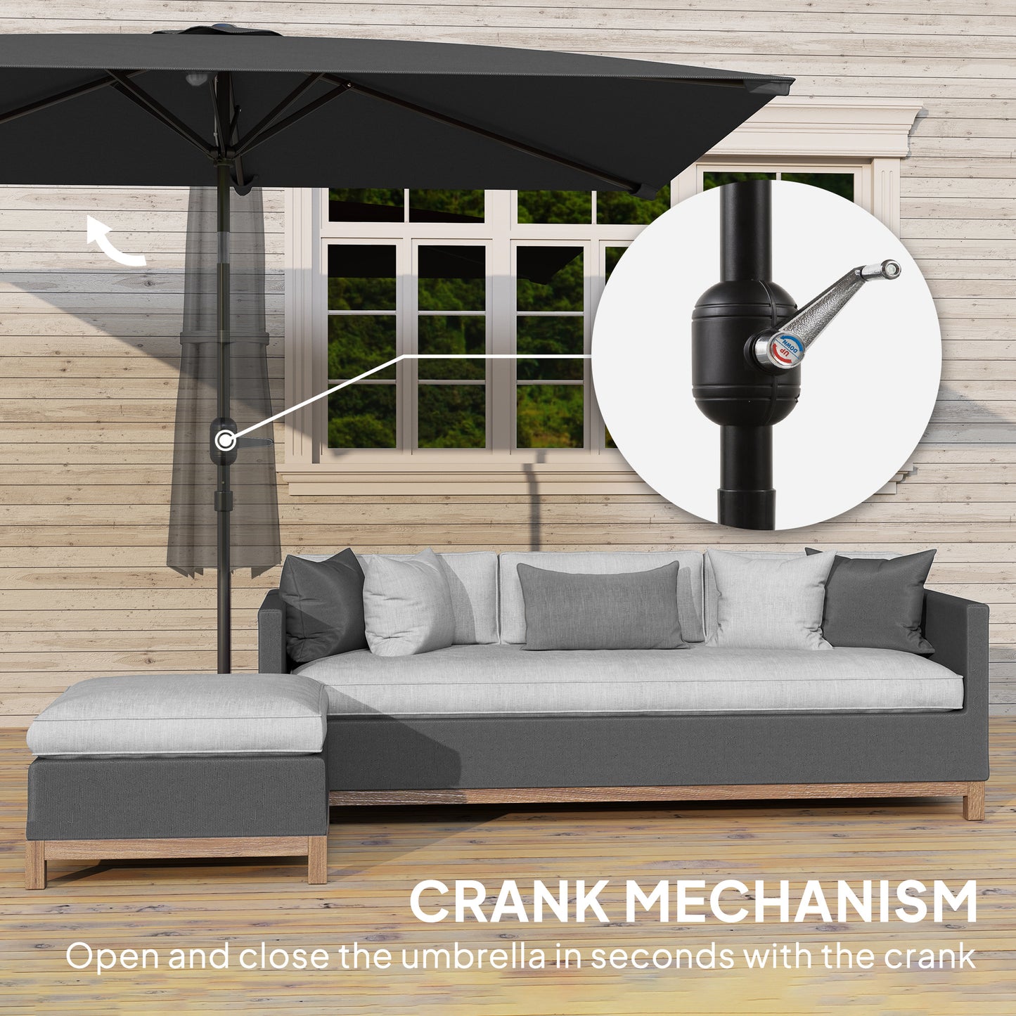 Parasol de jardin rectangulaire inclinable en aluminium 2 x 3 m, parasol de jardin, parasol d'extérieur avec manivelle, gris foncé