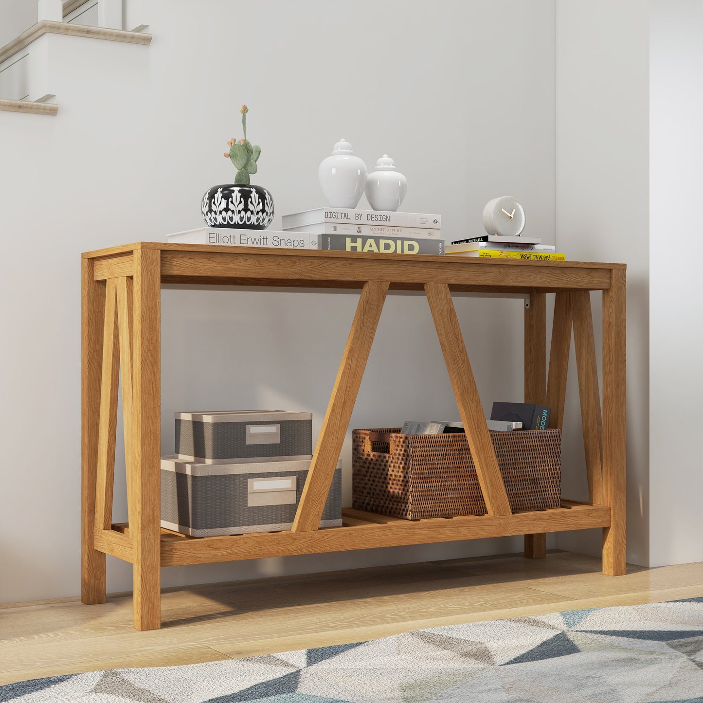 Console d'entrée étroite de style campagnard avec étagère de rangement, marron