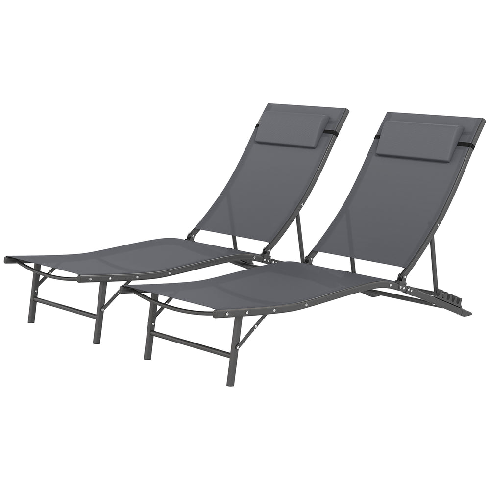 Lot de 2 chaises longues pliantes d'extérieur avec dossier réglable, appui-tête et assise en maille pour la plage et la piscine, gris