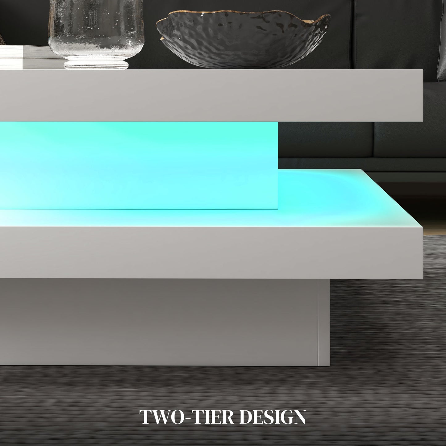 Table basse carrée avec 7 lumières LED et télécommande, blanche