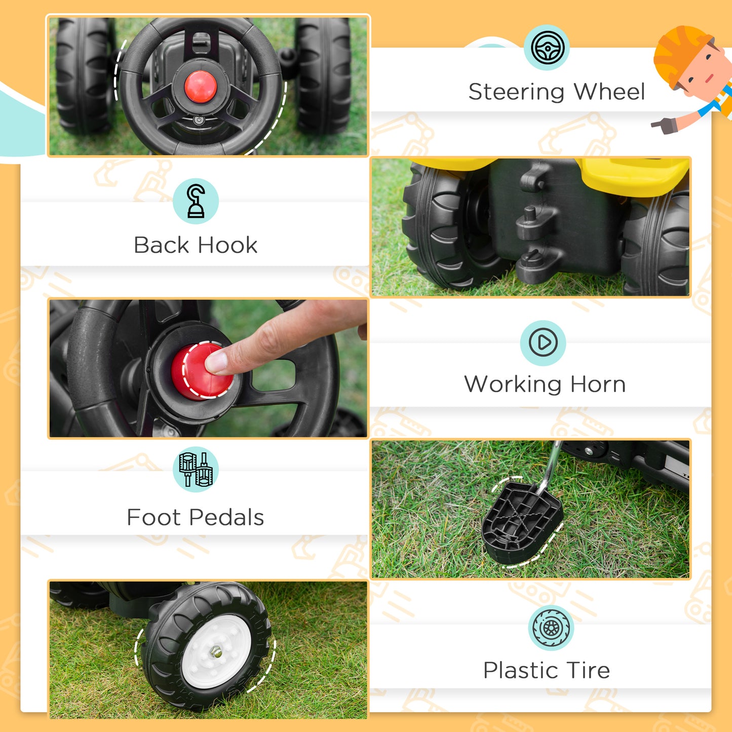 Pedal Tractor for 3 Year Olds, Yellow