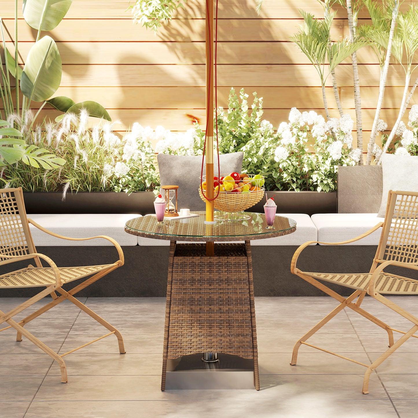 Table de jardin ronde avec trou pour parasol, table basse bistro avec plateau en verre trempé, marron