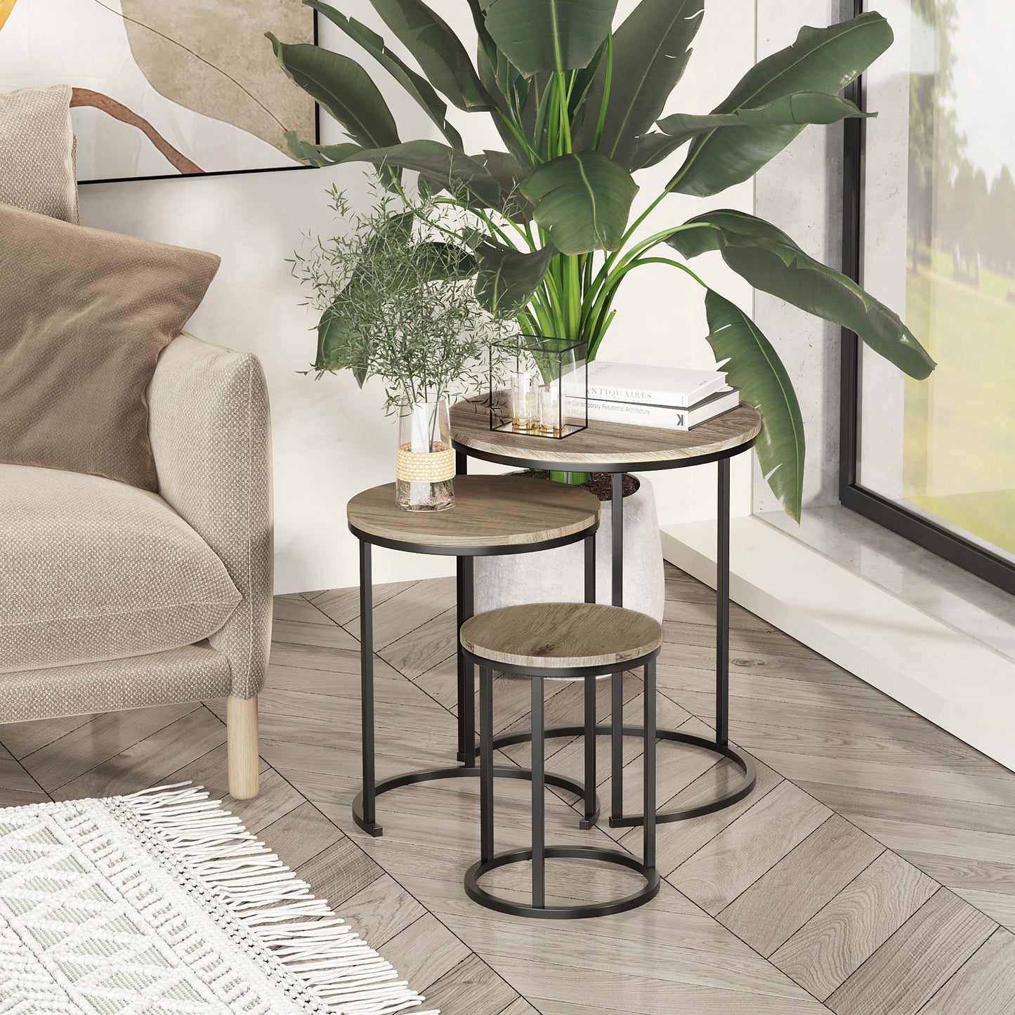 Lot de 3 tables d'appoint empilables avec cadre en acier pour salon