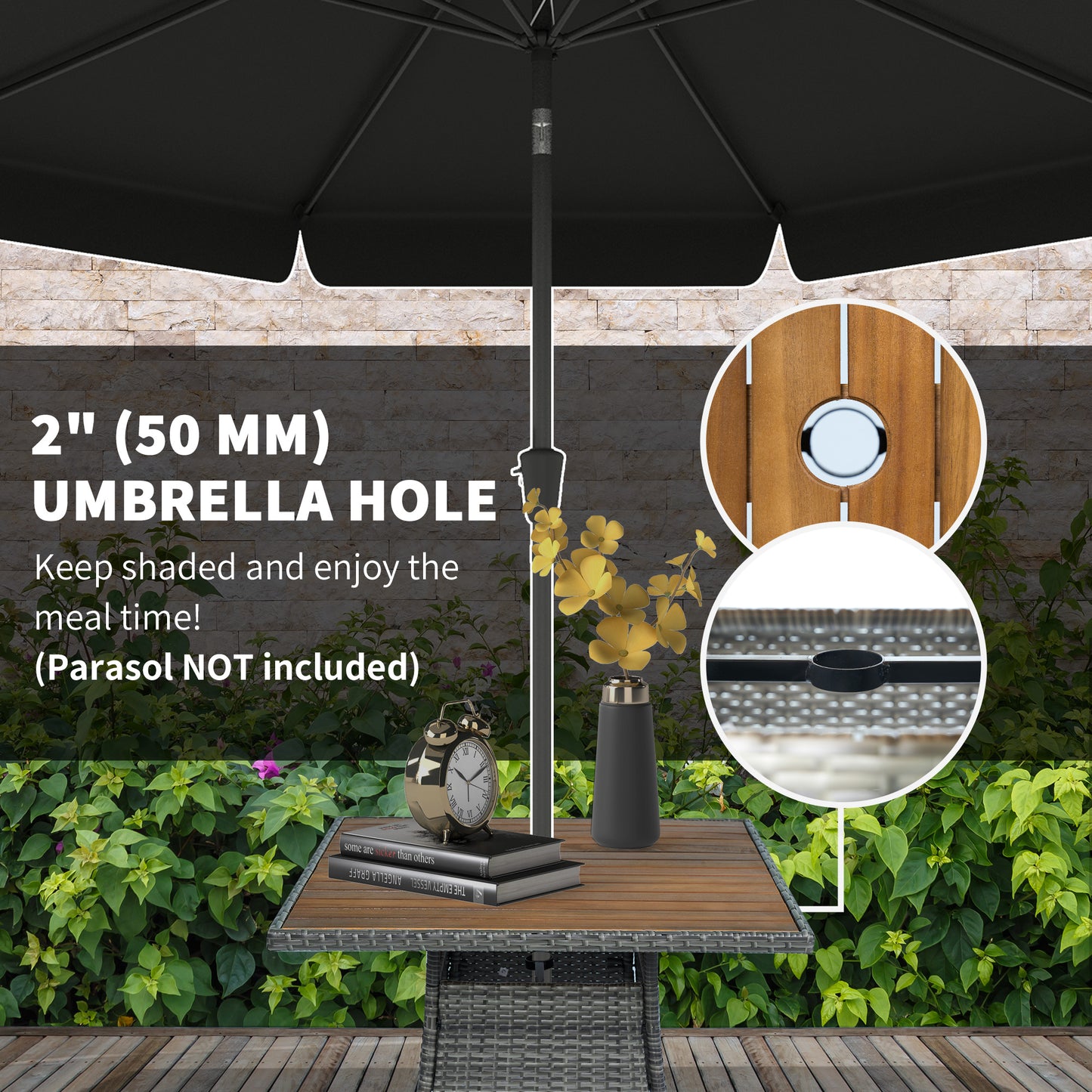 Outsunny 5 Piece Rattan Garden Dining Set with Parasol Hole, Cushions, Garden Table and Chairs, Teak