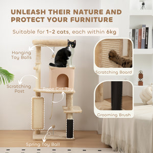 Arbre à chat de 132 cm avec griffoirs, panier, niche et brosse de toilettage, beige