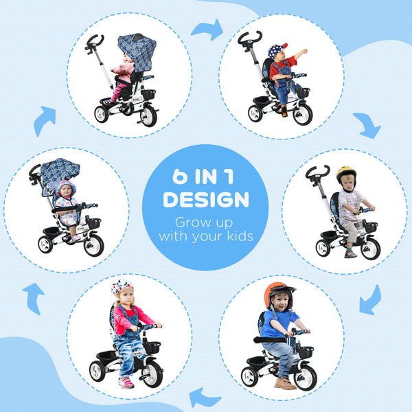 Tricycle 6 en 1 pour tout-petits avec poignée parentale et porte-gobelet, bleu clair