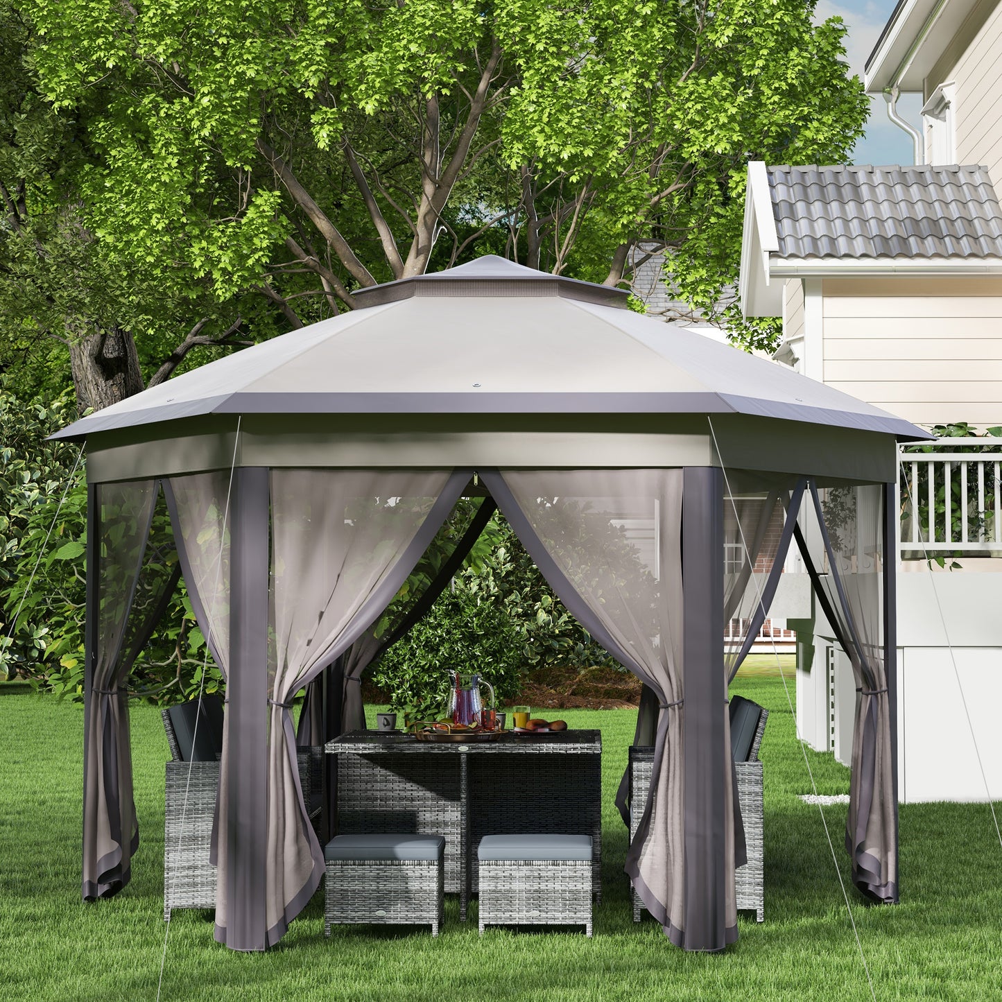 Gazebo pliant 13' x 13' avec filet et sac de transport, hexagonales, café et beige