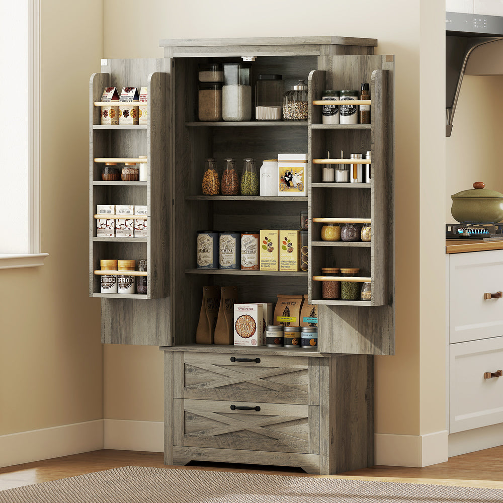 Garde-manger de style campagnard avec tiroirs, gris vieilli