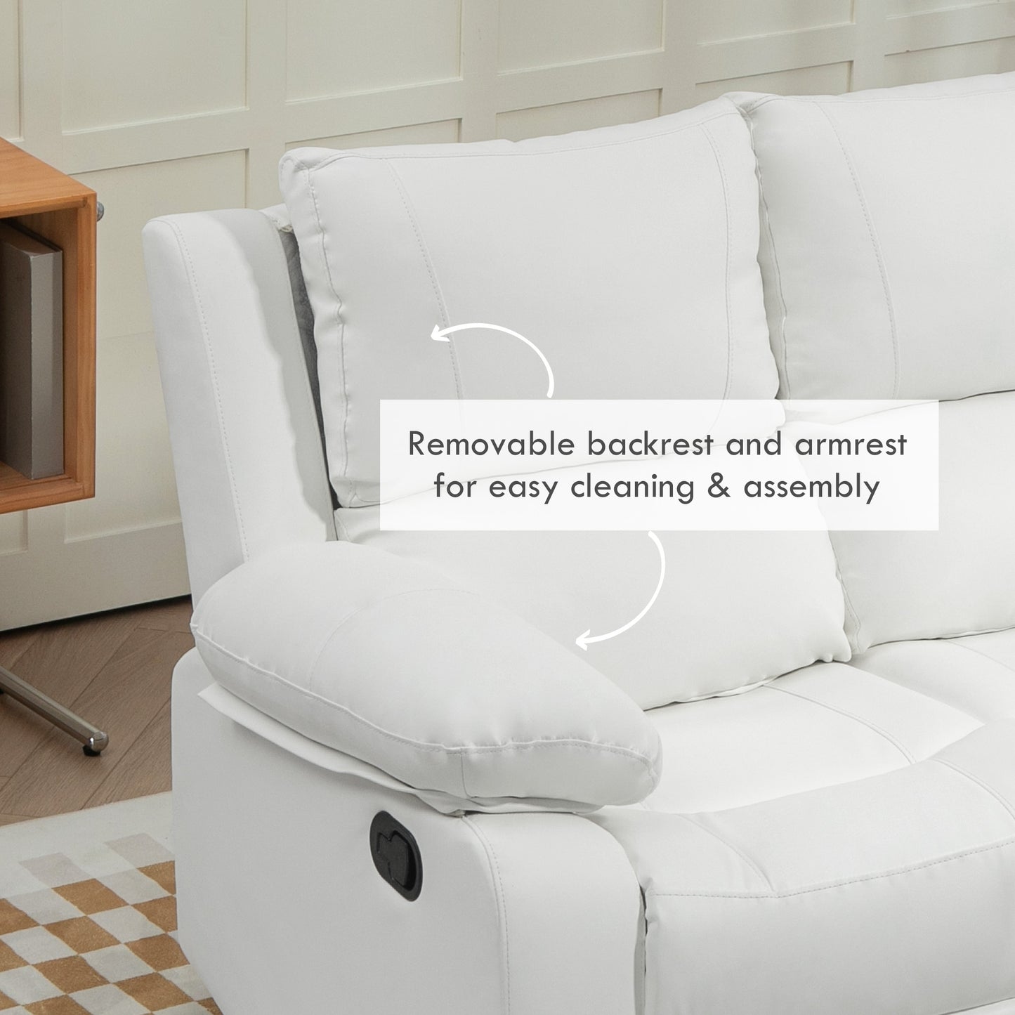 Manual Reclining Sofa Faux Leather Sofa with Retractable Footrest for Living Room, White