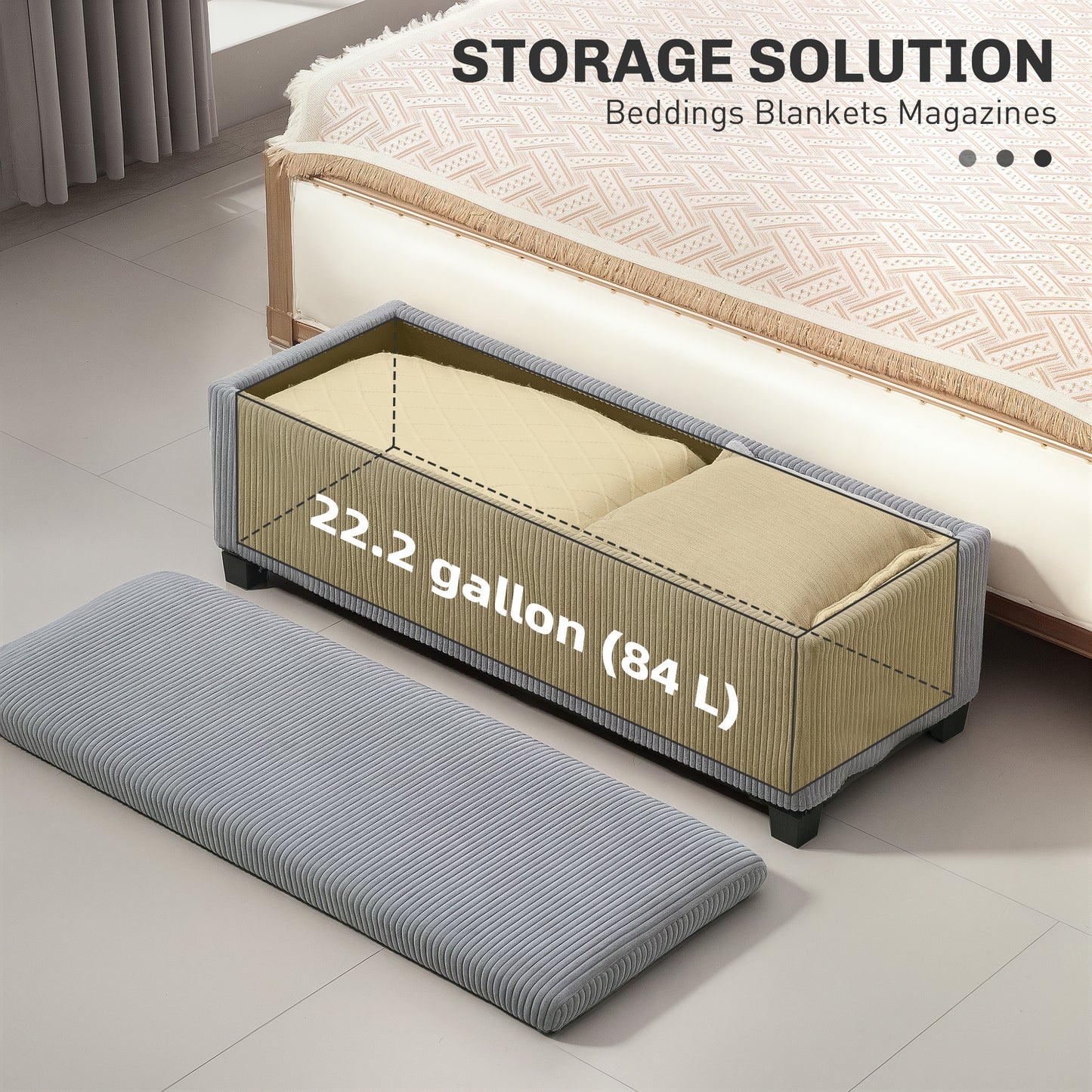 Pouf avec rangement, couvercle, pieds, banc de bout de lit en velours, gris clair