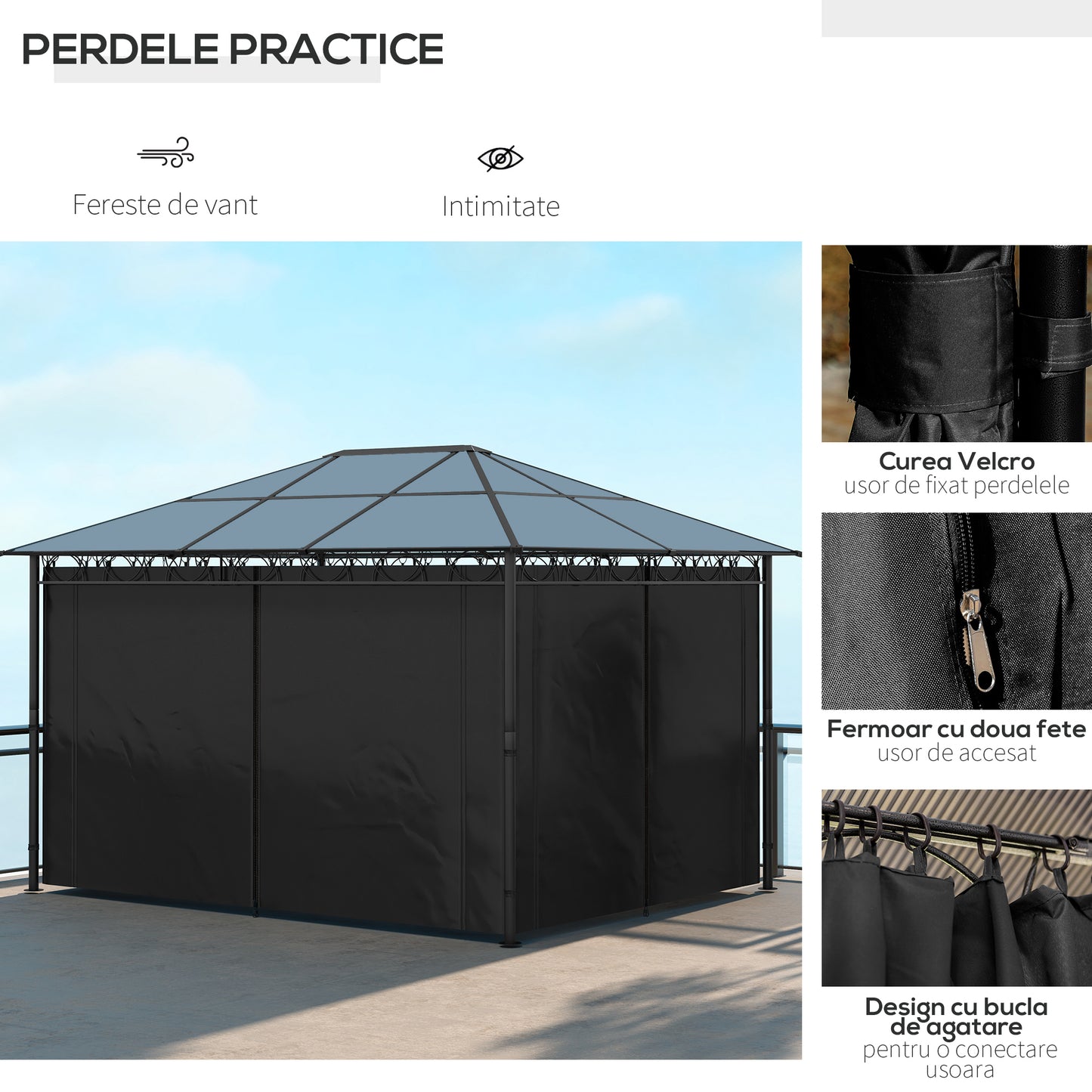 Outsunny 13' x 10' Rigid Polycarbonate Garden Gazebo with Aluminum Frame and Curtains, Dark Grey