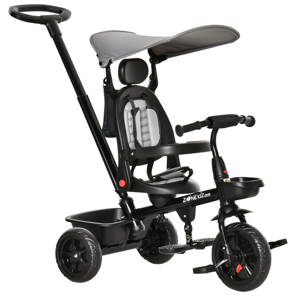 Tricycle 4 en 1 avec siège réglable à angle réversible, poignée amovible, gris