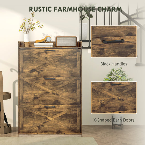 Meuble de rangement à chaussures style ferme avec 3 tiroirs rabattables et étagères réglables, marron rustique