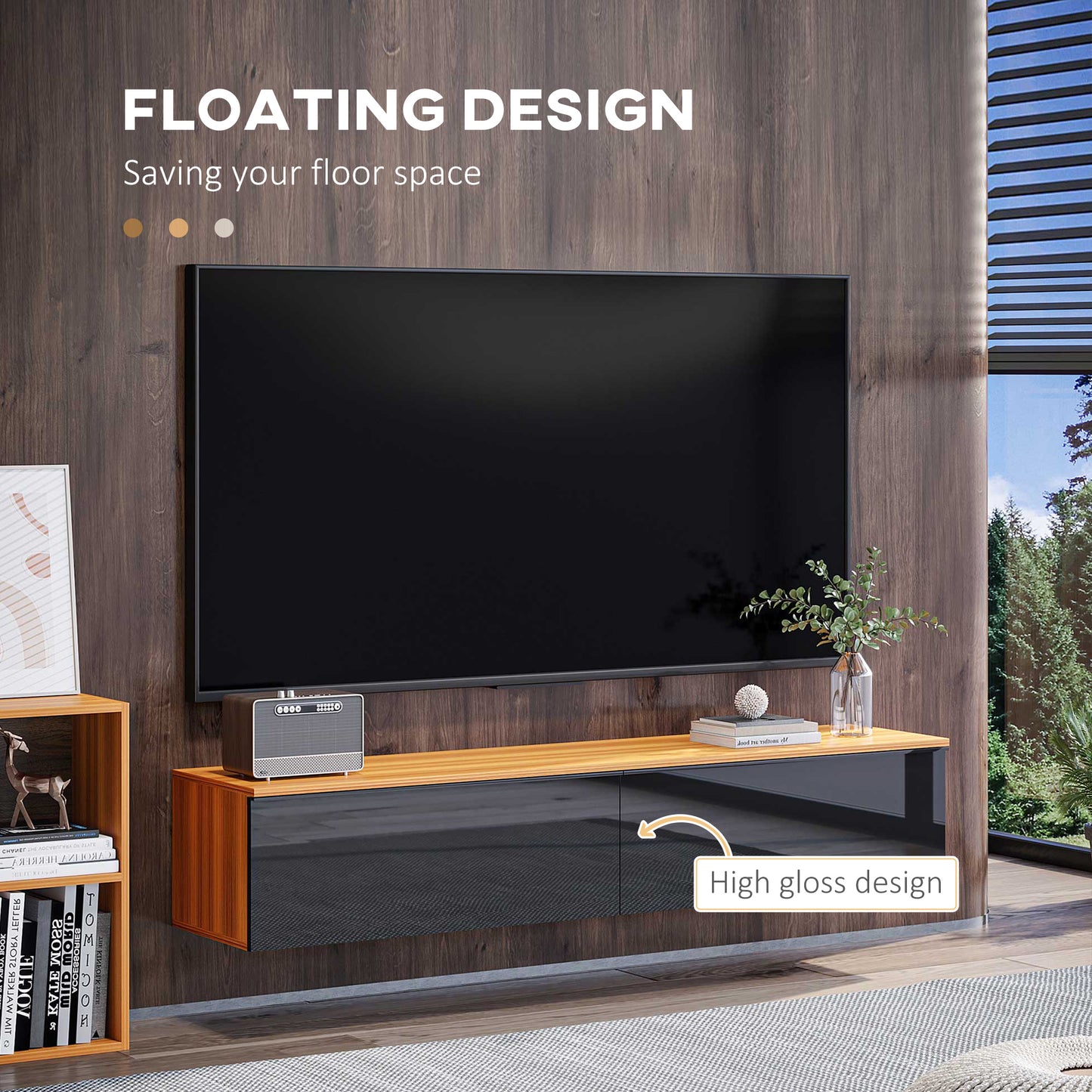 Meuble TV flottant pour téléviseurs jusqu'à 70 pouces avec rangement, effet brillant, marron et noir