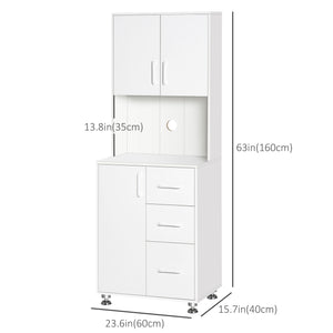 Meuble de rangement avec 2 placards, 3 tiroirs et plan de travail ouvert, blanc