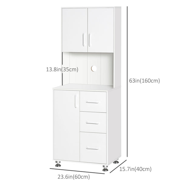 Meuble de rangement avec 2 placards, 3 tiroirs et plan de travail ouvert, blanc