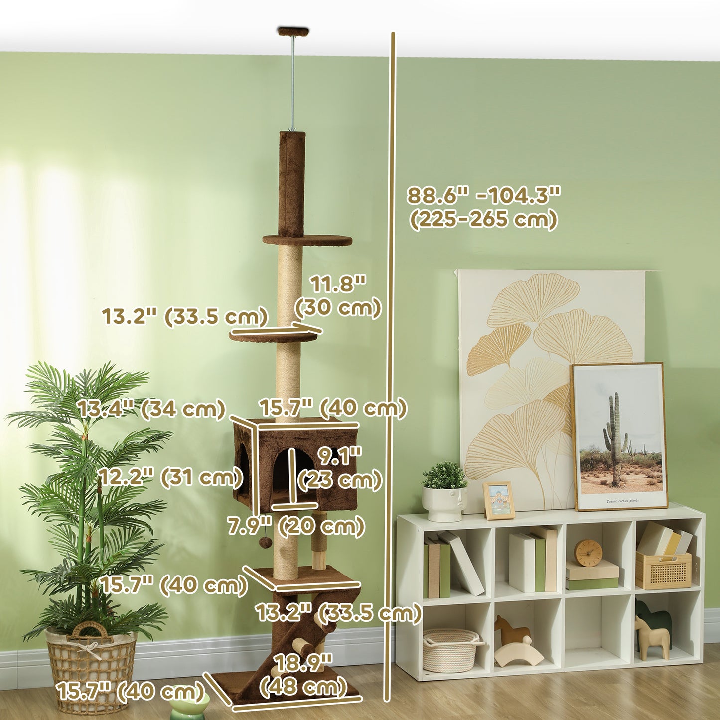 226-264 cm (89-104 in) Cat Tree with Scratching Post, Cat House, 3 Steps, Hanging Ball, Brown