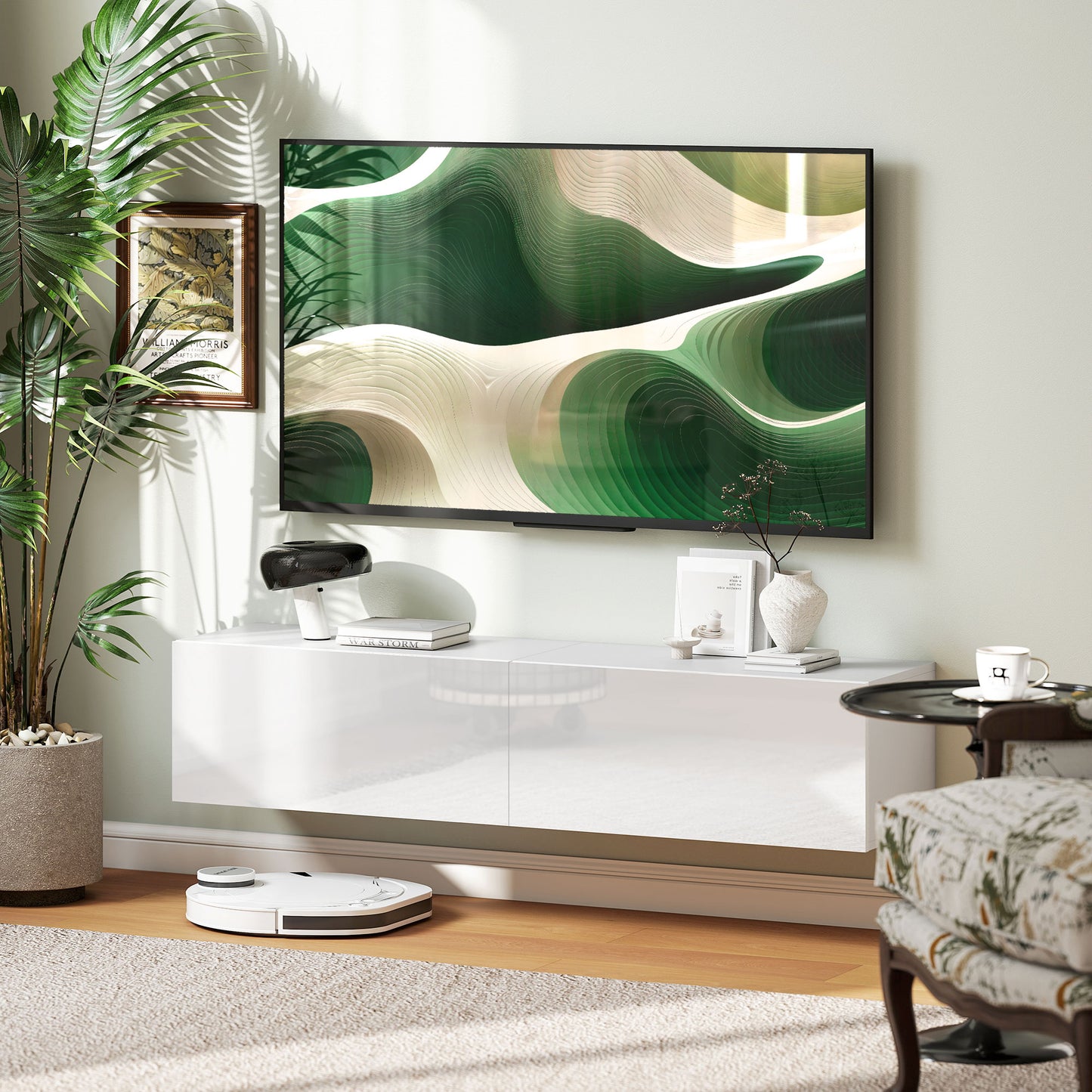 Meuble TV mural avec rangements pour téléviseurs 45, 55 et 65 pouces, blanc