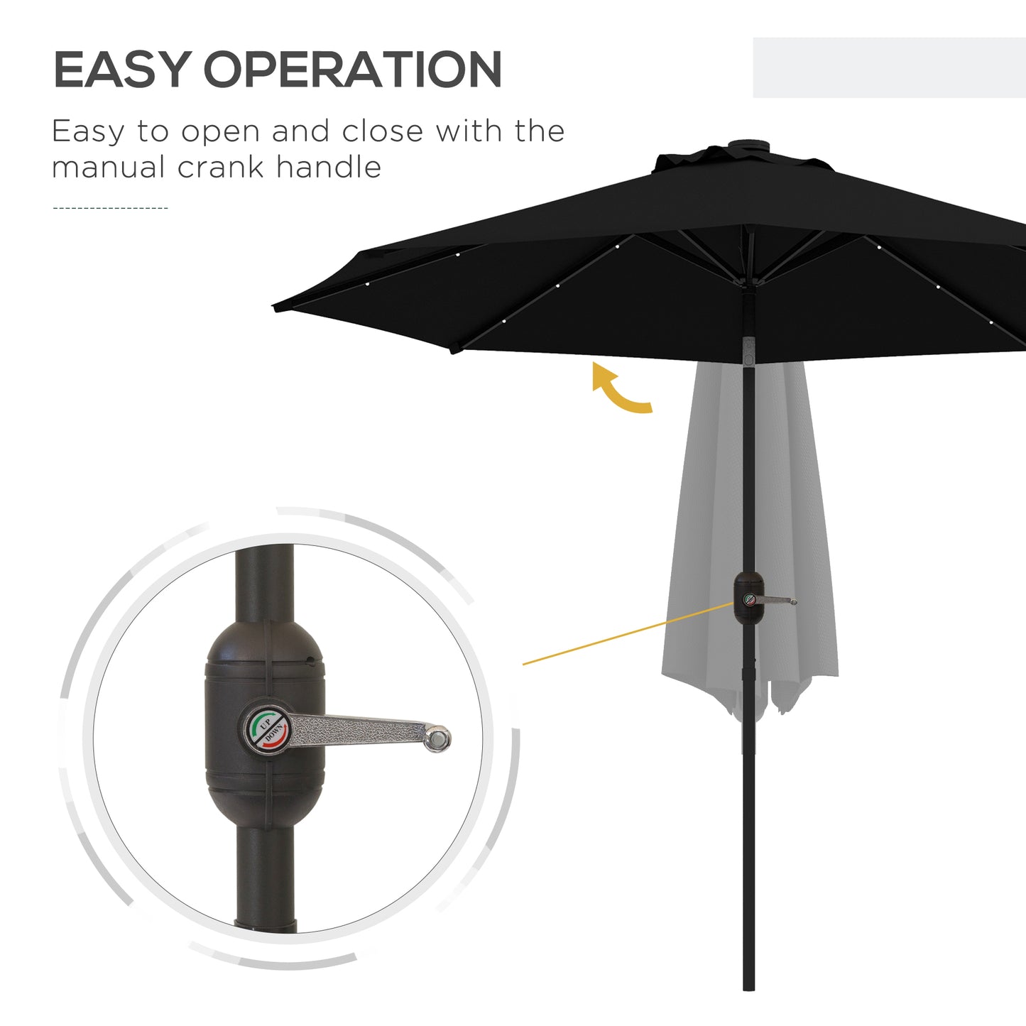 Parasol solaire d'extérieur de 9 pieds, 24 LED, toit inclinable, noir