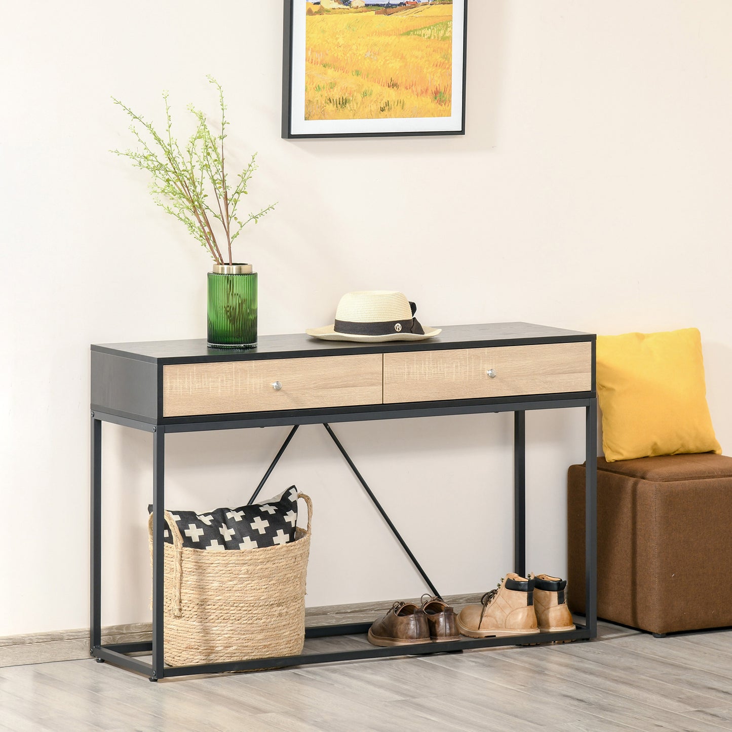 Console d'entrée avec 2 tiroirs, table basse avec cadre en acier pour entrée et salon, noire
