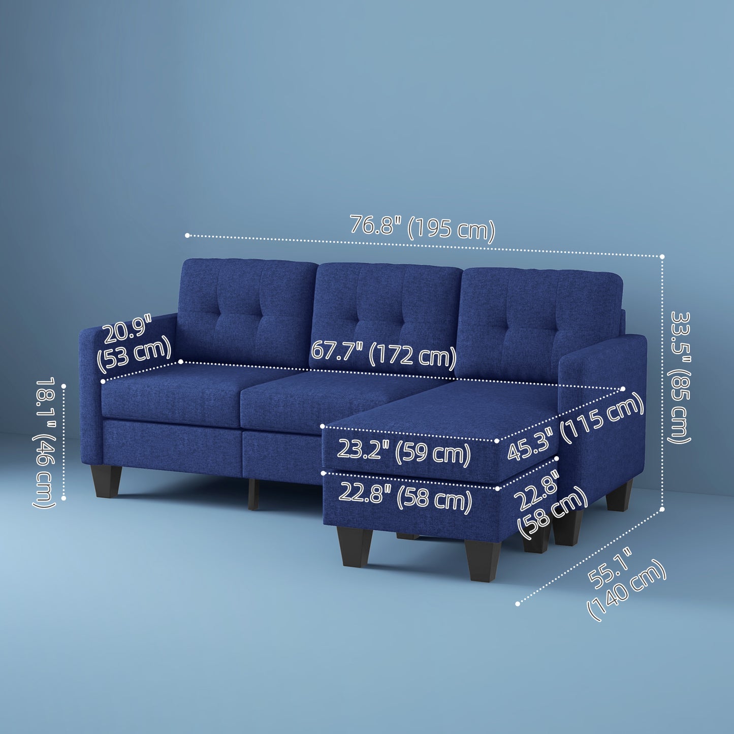 HOMCOM L-Shaped Corner Sofa, 3 Seater Sectional Sofa with Ottoman, Thick Cushion and Wooden Legs, Dark Blue