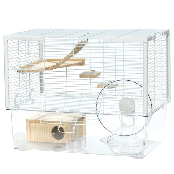 Cage pour hamster avec fond profond, rampe en bois, cabane, salle de bain et roue d'exercice pour hamster et gerbille, blanche