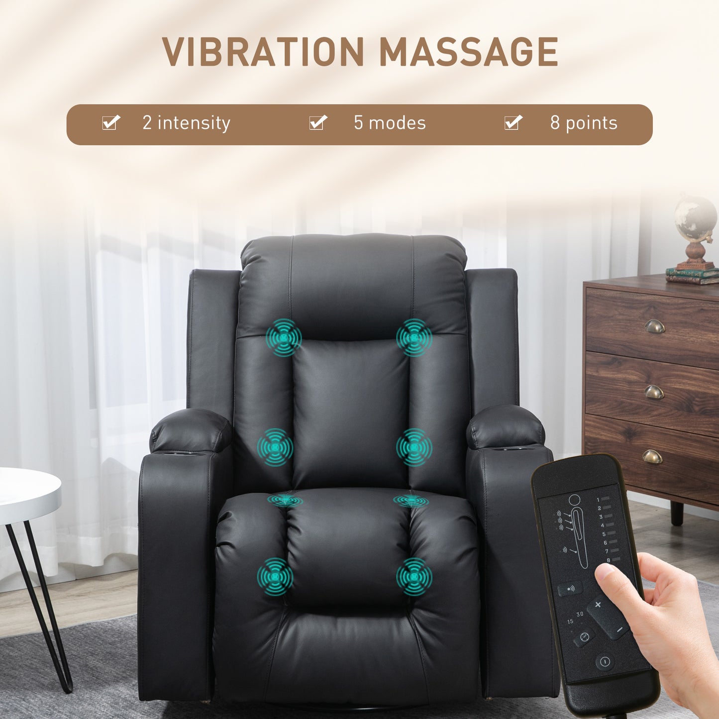 Fauteuil inclinable massant, pivotant à 360°, rembourré en cuir synthétique, noir