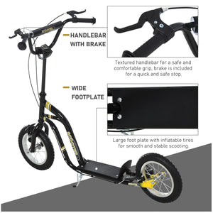 Trottinette à roues gonflable à double frein, roue avant de 30 cm, noire