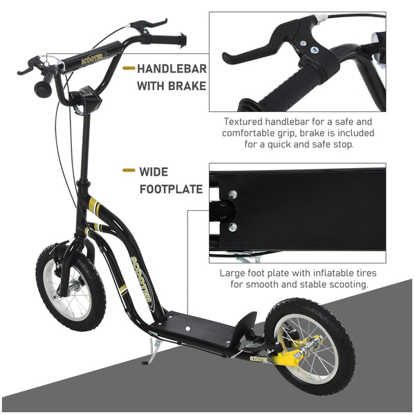 Trottinette à roues gonflable à double frein, roue avant de 30 cm, noire