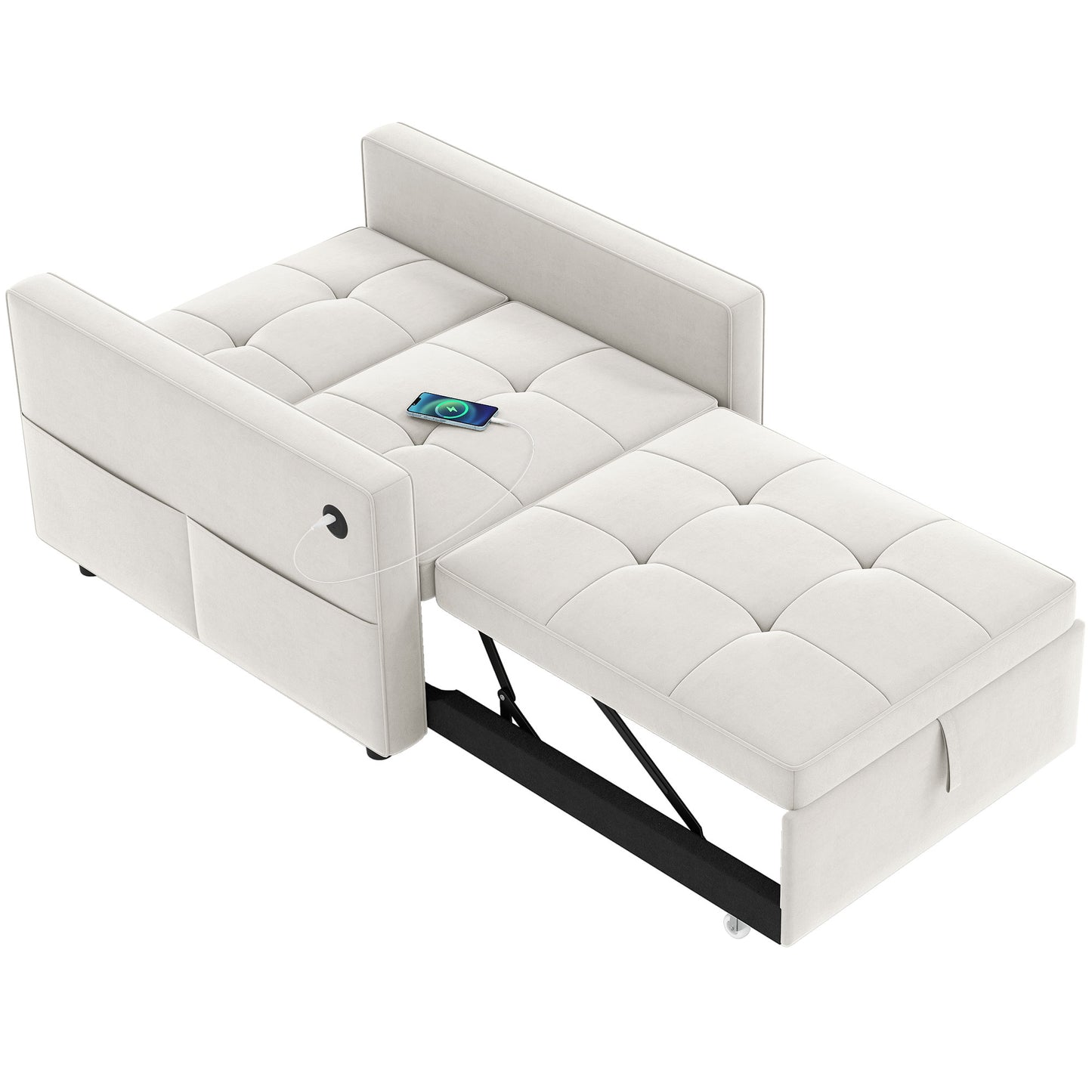 Fauteuils-lits avec port USB, dossier réglable en velours, blanc crème