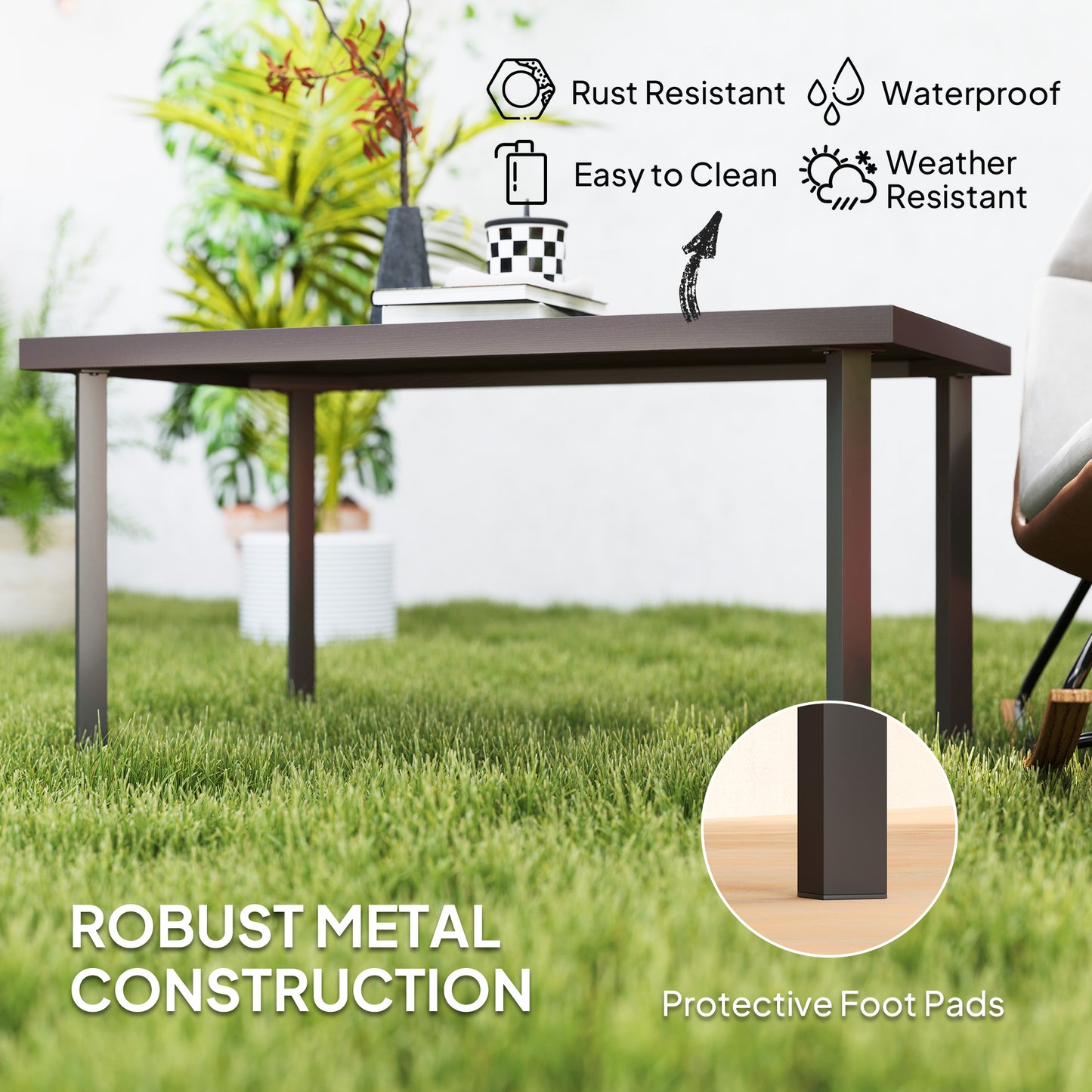 Outsunny Outdoor Metal Side Table, Rectangular Coffee Table with Faux Wood Top for Outdoor Garden, Brown