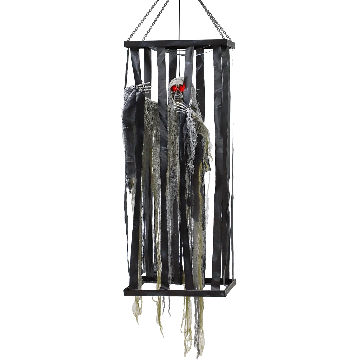 Faucheur squelette suspendu dans une cage, accessoire à commande vocale avec yeux clignotants