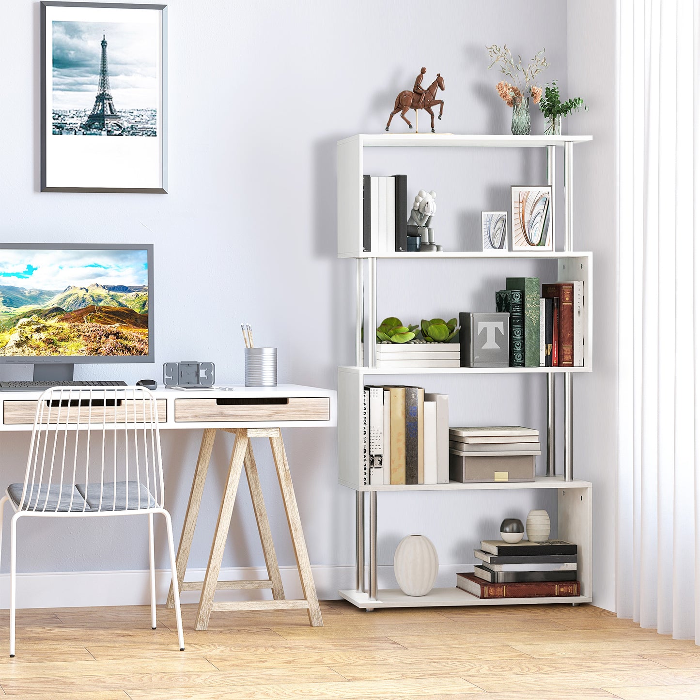 5-Tier Geometric Wooden Bookcase, White