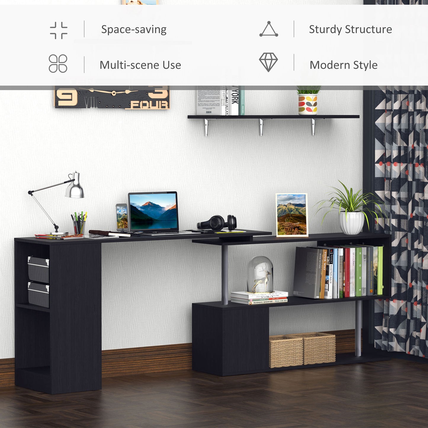 Bureau d'angle pivotant à 360° avec étagères à 3 niveaux, noir