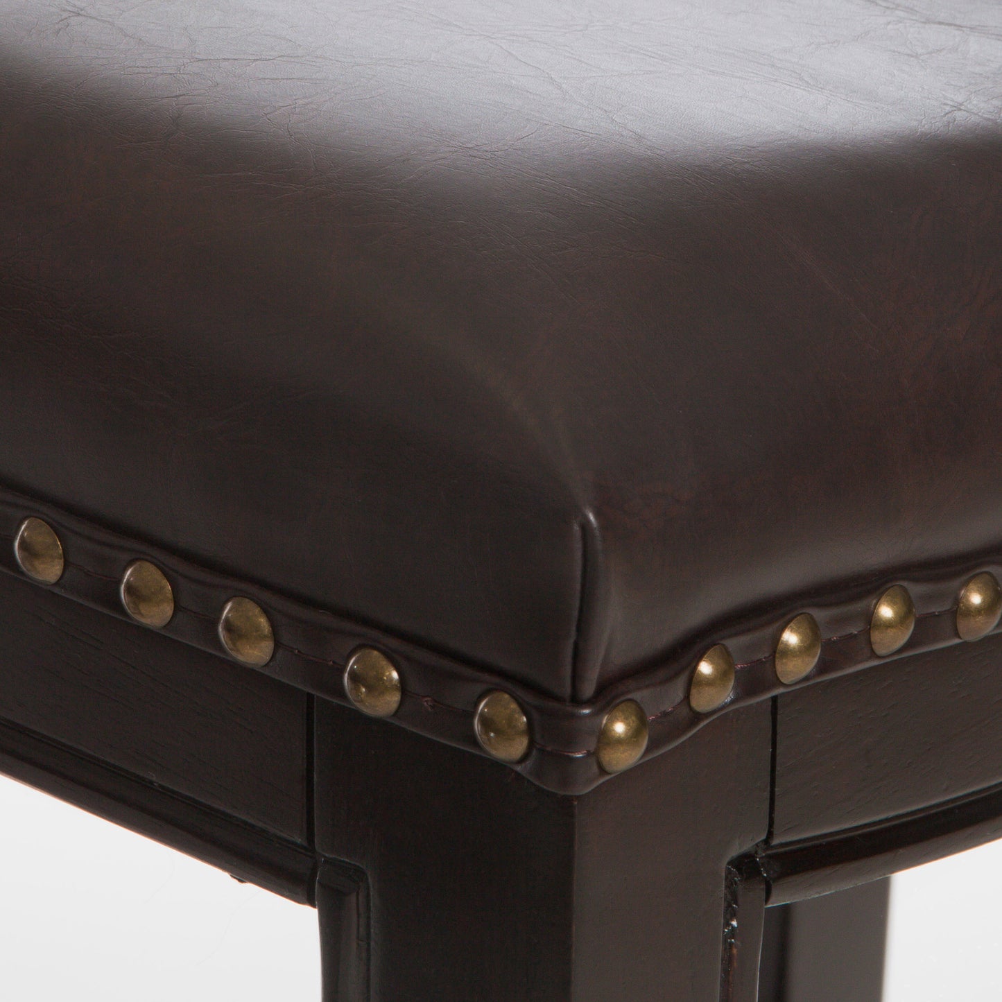 Set of 2 contemporary studded bar stools, rubberwood saddle seat, brown