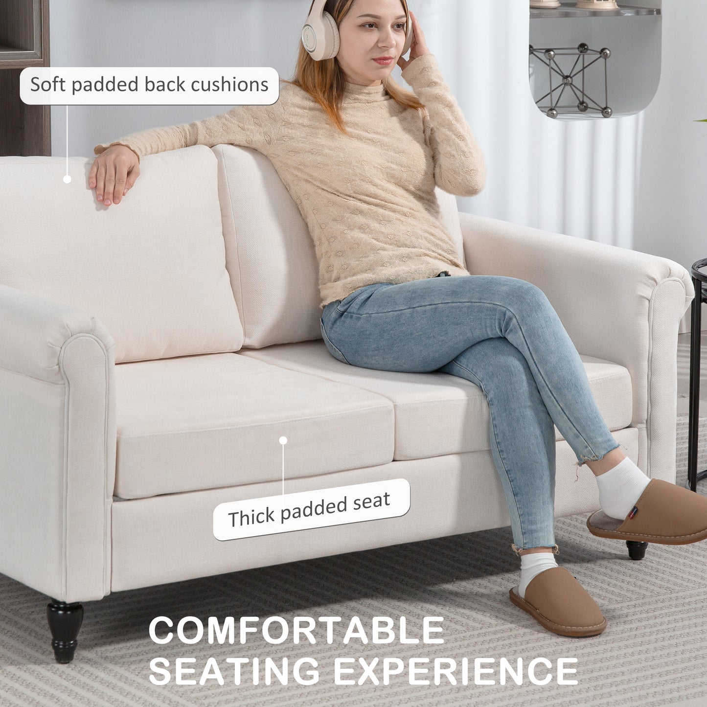 Vintage 2-seater upholstered sofa, chenille fabric, rolled armrests, rubberwood legs, cream white