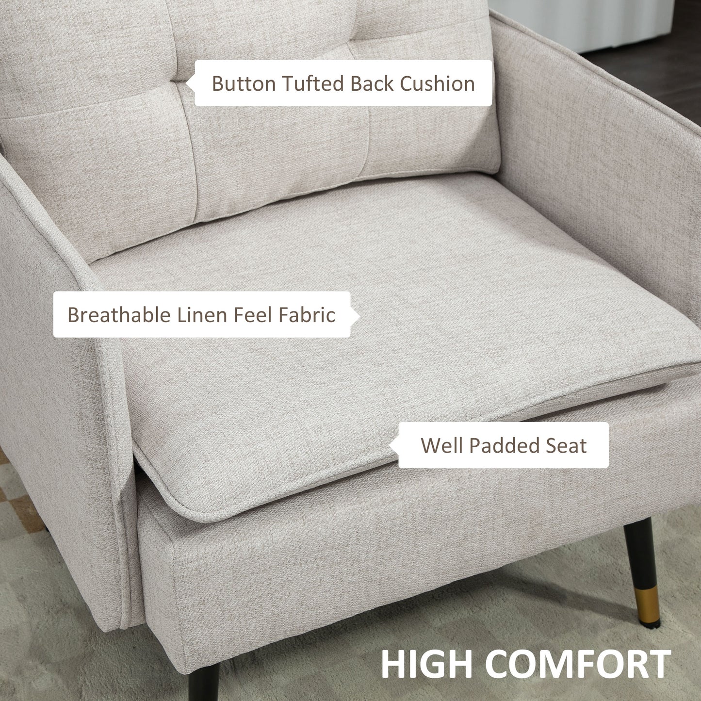 Fauteuil d'appoint moderne rembourré avec coussin de dossier capitonné et pieds en acier pour salon, blanc crème