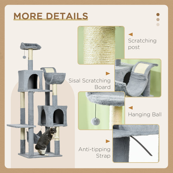 Large 178cm Multi-Level Cat Tree with Hammock, Basket & Sisal Scratching Posts, Blue-Grey