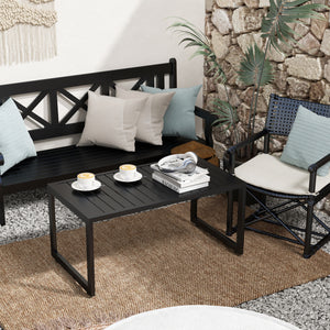 Table basse d'extérieur avec plateau à lattes et pieds réglables pour jardin, terrasse et pelouse, noire