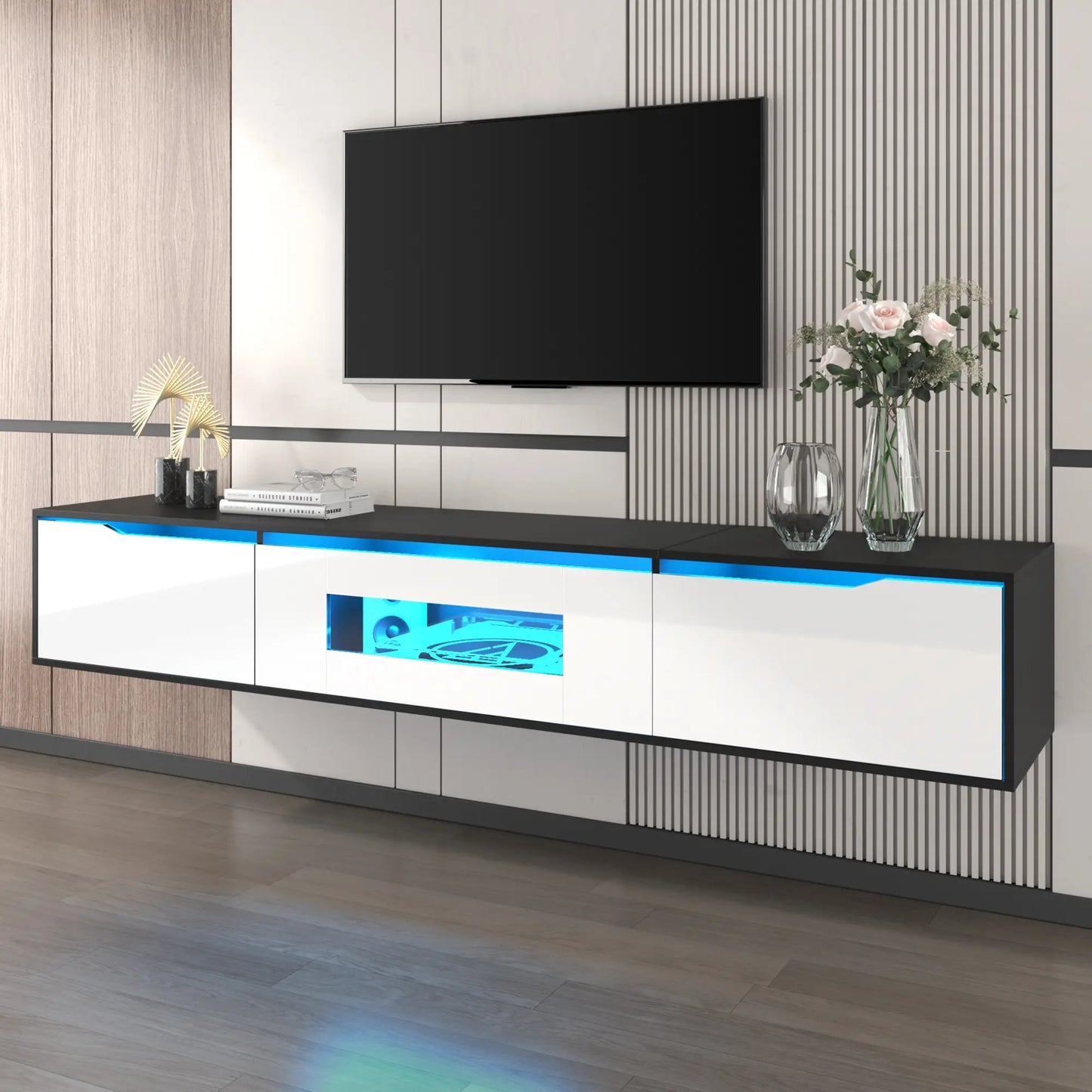 Meuble TV haute brillance avec éclairage LED personnalisable et options de montage polyvalentes, noir et blanc