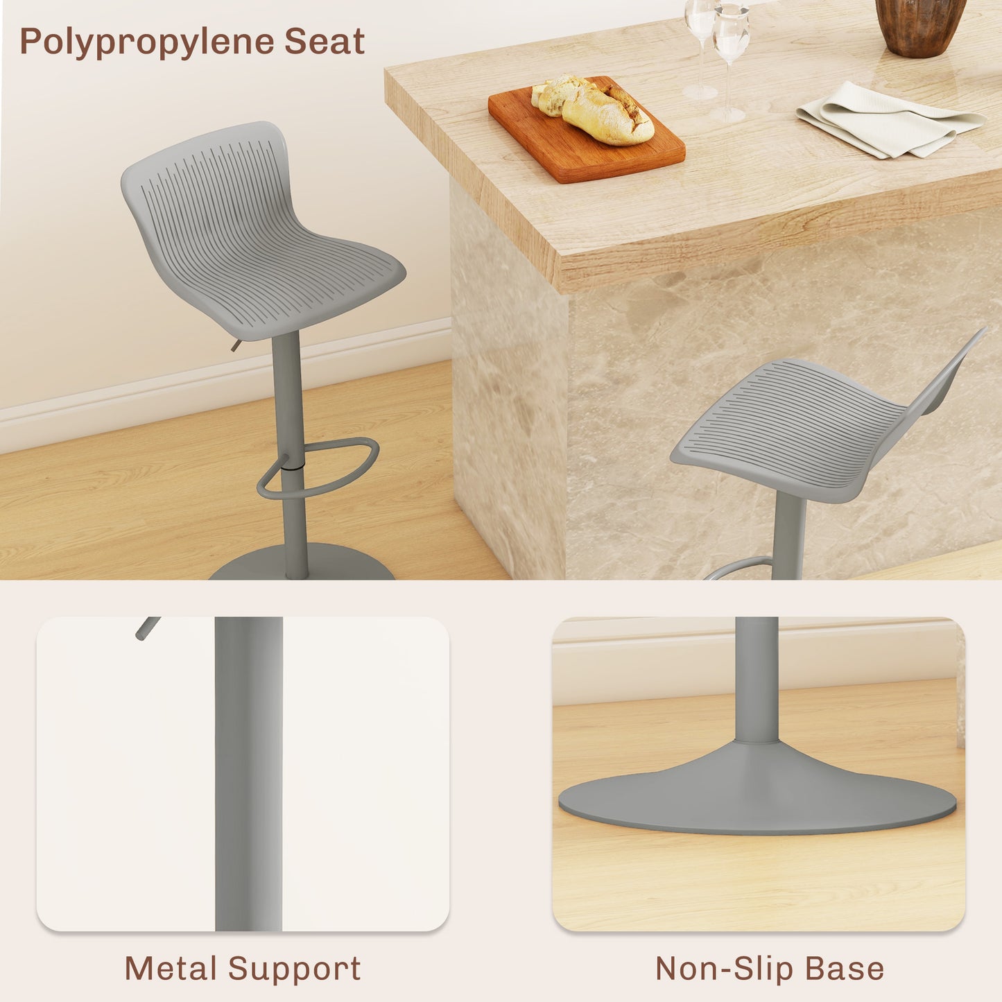 Lot de 2 tabourets de bar pivotants en polypropylène, hauteur réglable, repose-pieds et dossier, gris