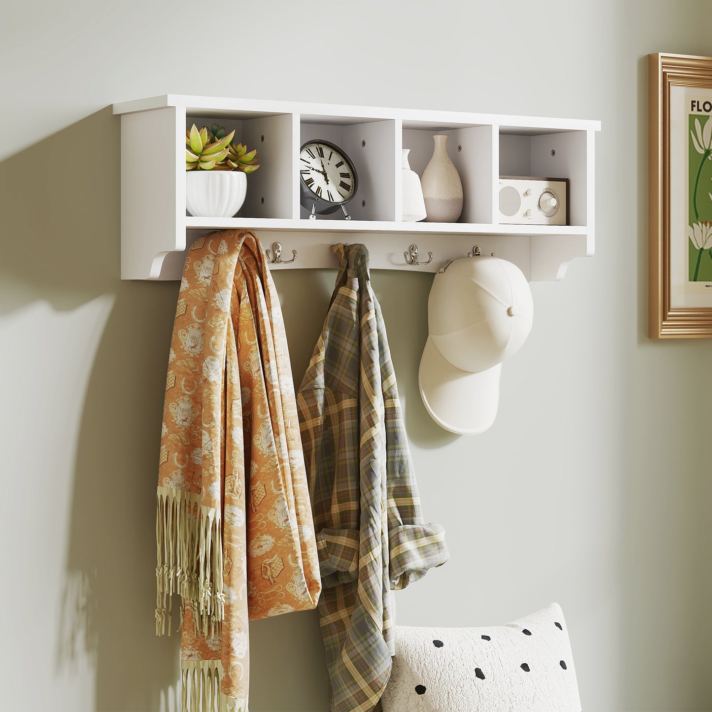 Porte-manteau mural avec étagère, 71 cm, 5 crochets et 4 compartiments, pour salon, entrée, blanc