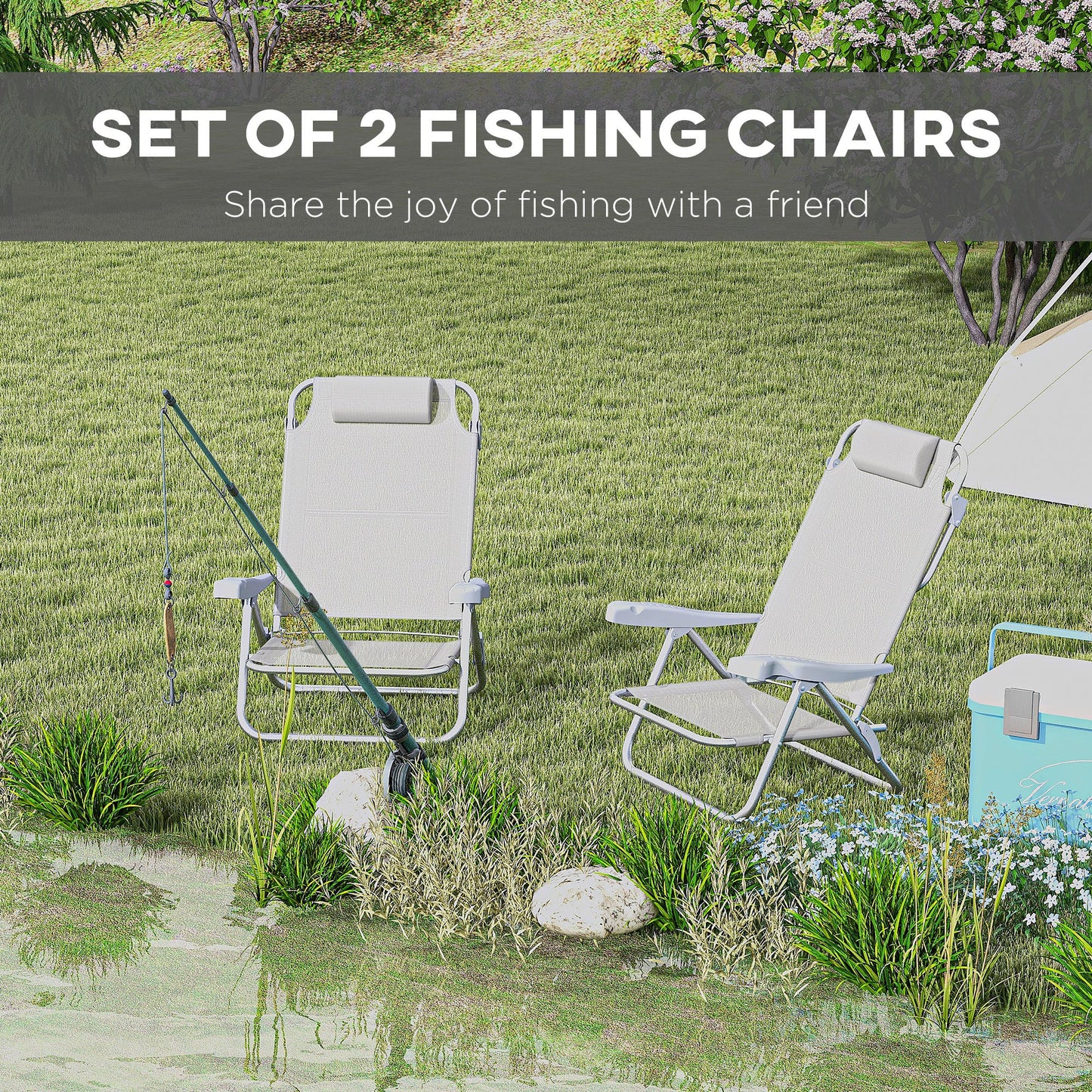 Lot de 2 chaises de plage, chaises de camping avec dossier et appui-tête réglables, gris clair