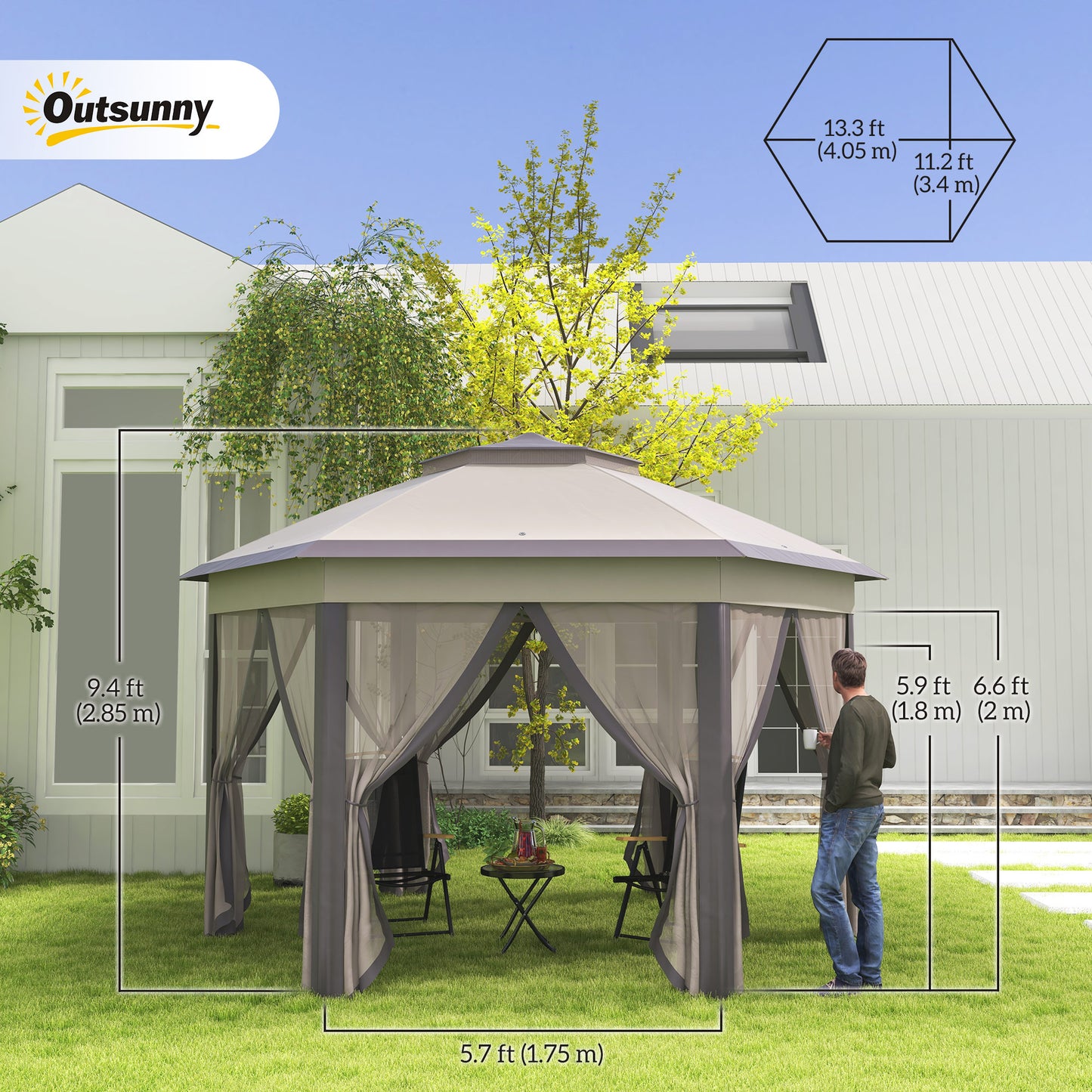 Gazebo pliant 13' x 13' avec filet et sac de transport, hexagonales, café et beige